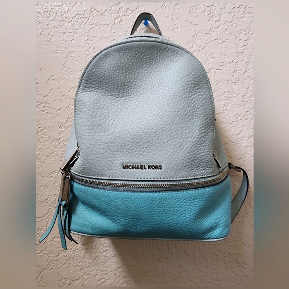 MICHAEL KORS Leather Celadon Azure Rhea Zip Travel Backpack -Medium